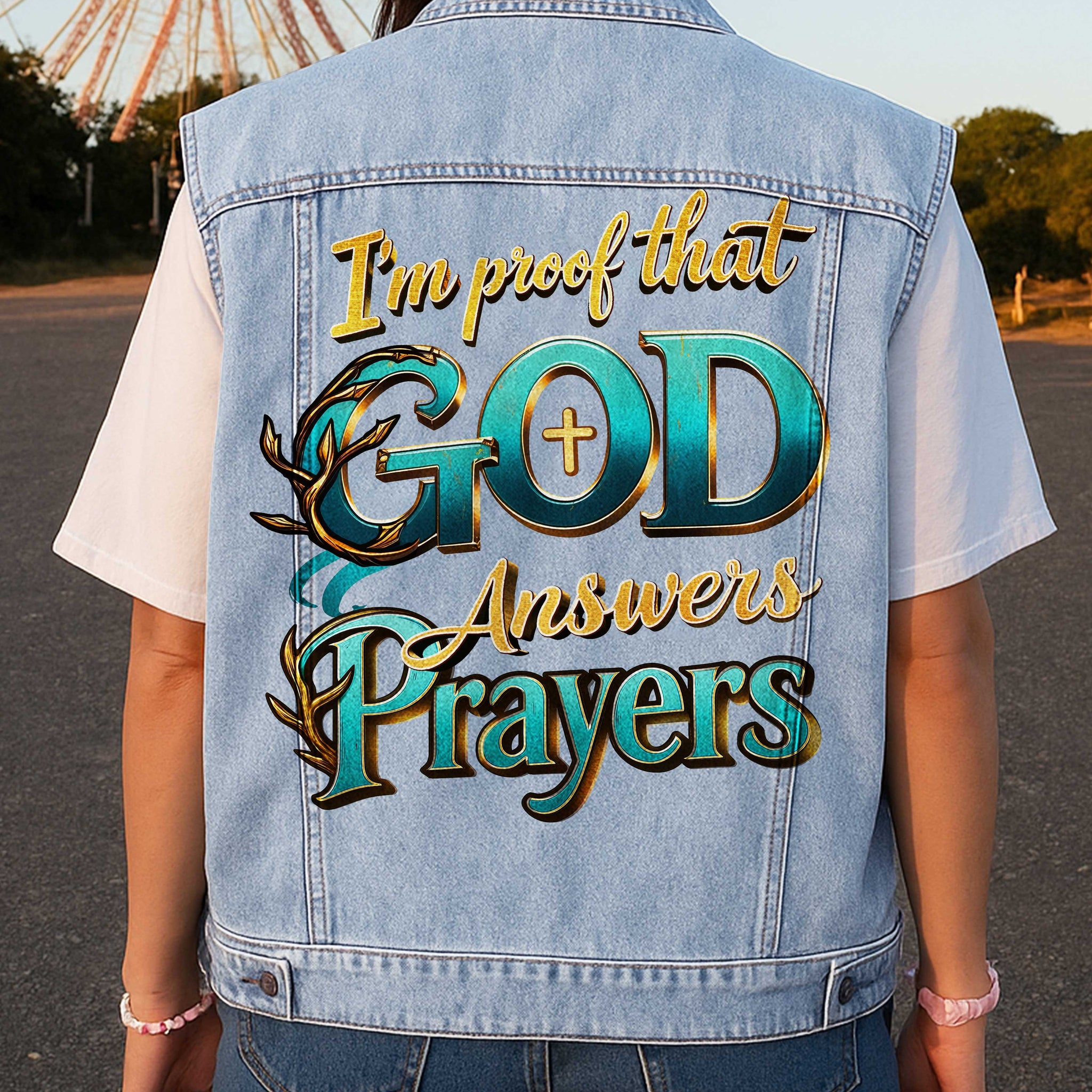God Answers Prayer Sleeveless Denim Jacket