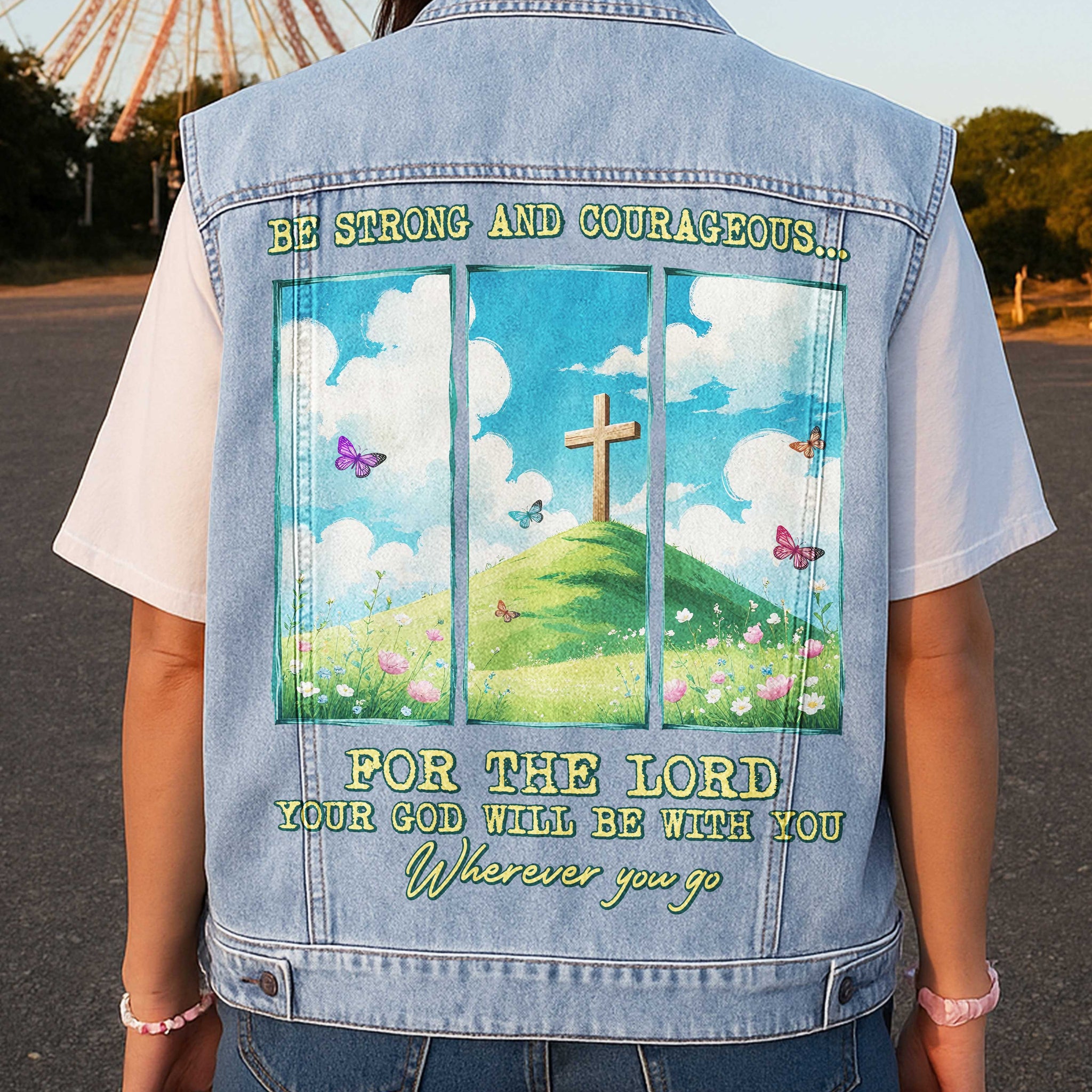 Be Strong And Courageous Sleeveless Denim Jacket