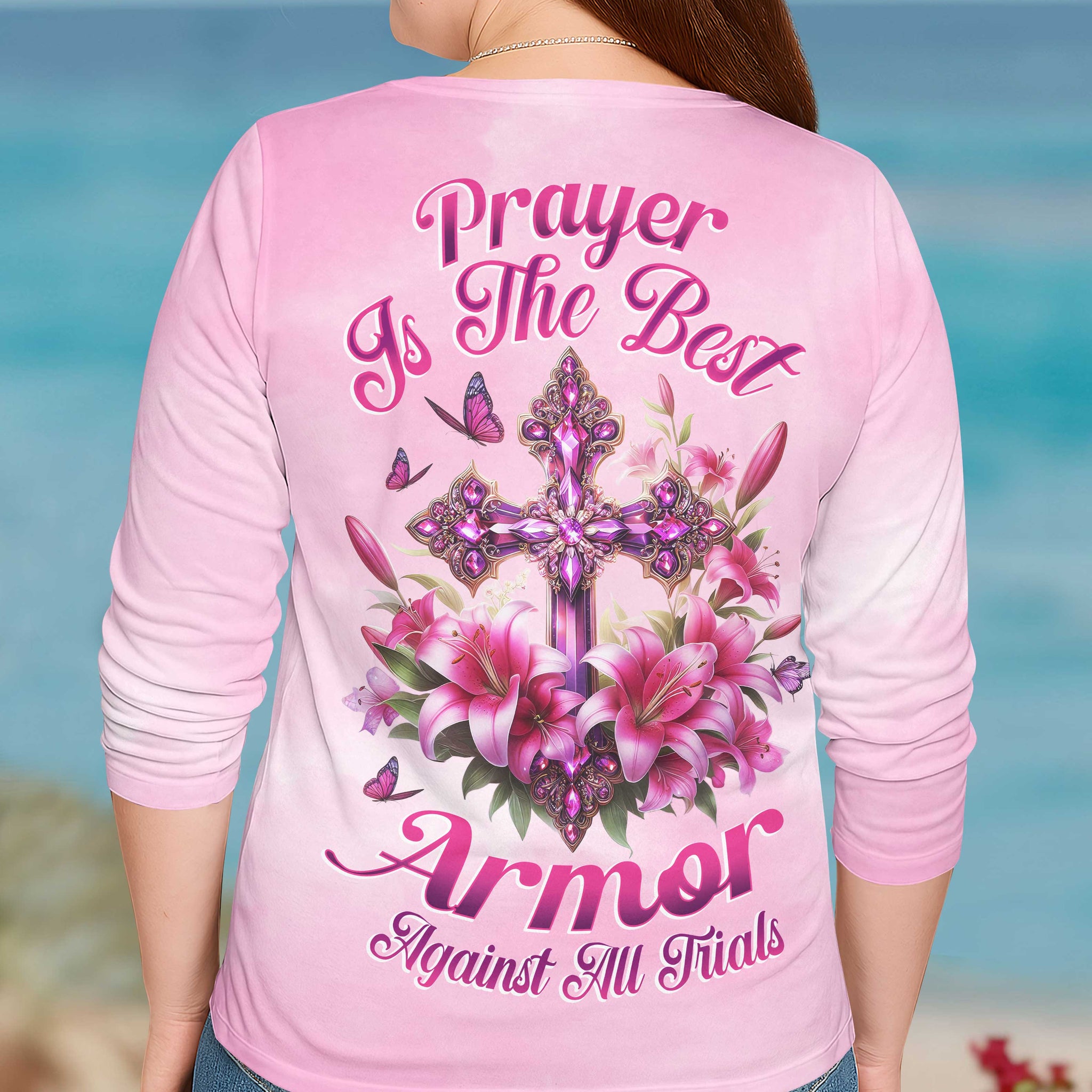 Prayer Is The Best Armor Against All Trials All Over Print V-neck Long Sleeves Shirt