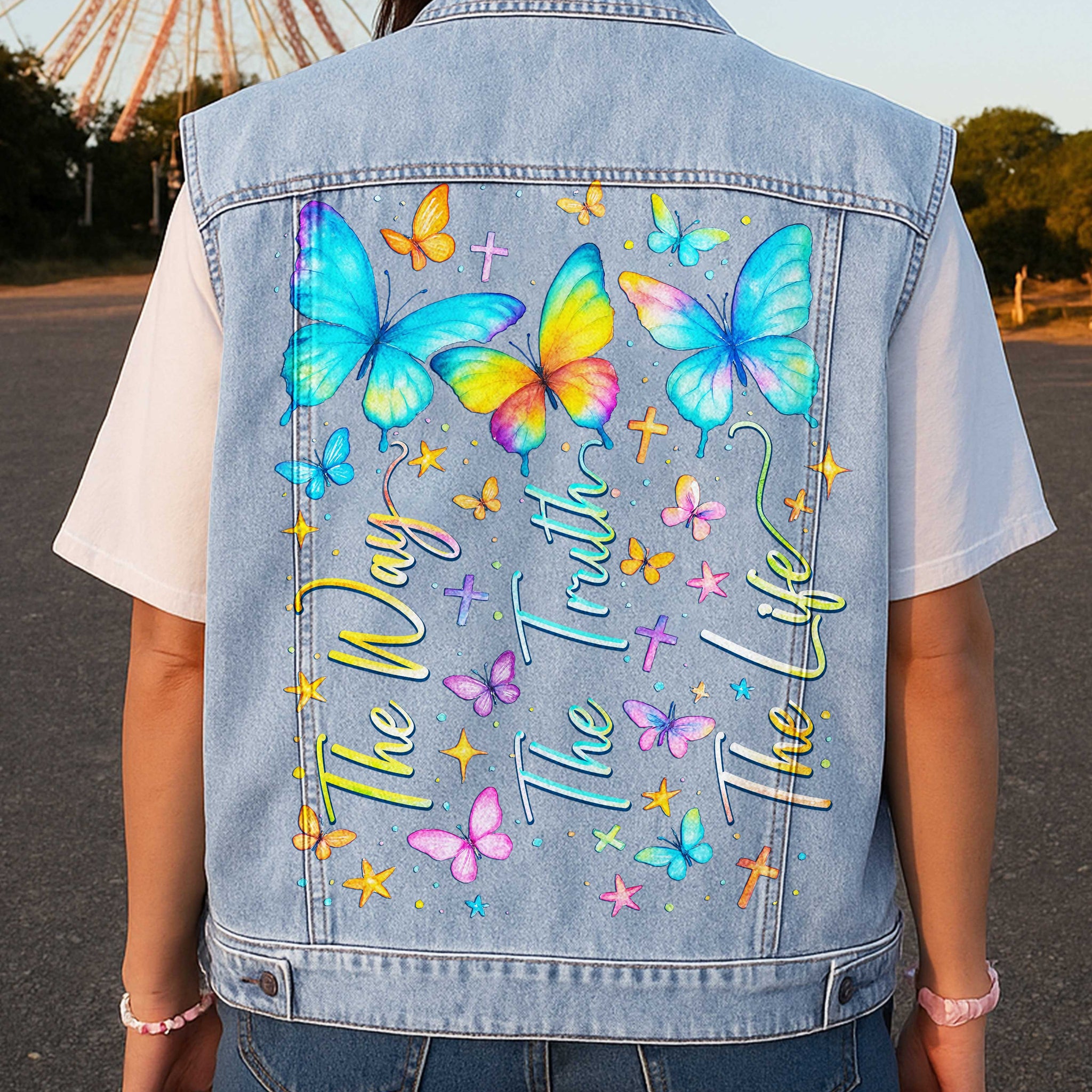 Faith Hope Love Sleeveless Denim Jacket