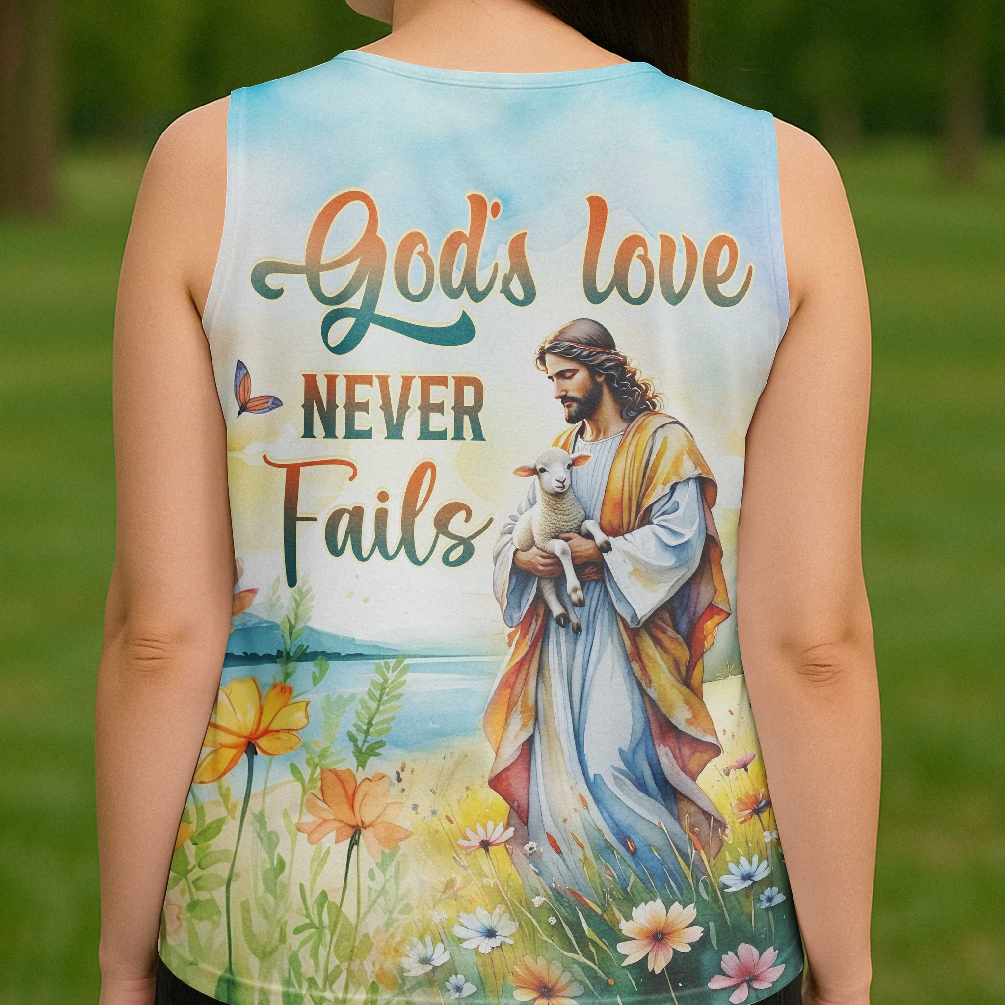 God's Love Never Fails All Over Print V-neck Tank Top