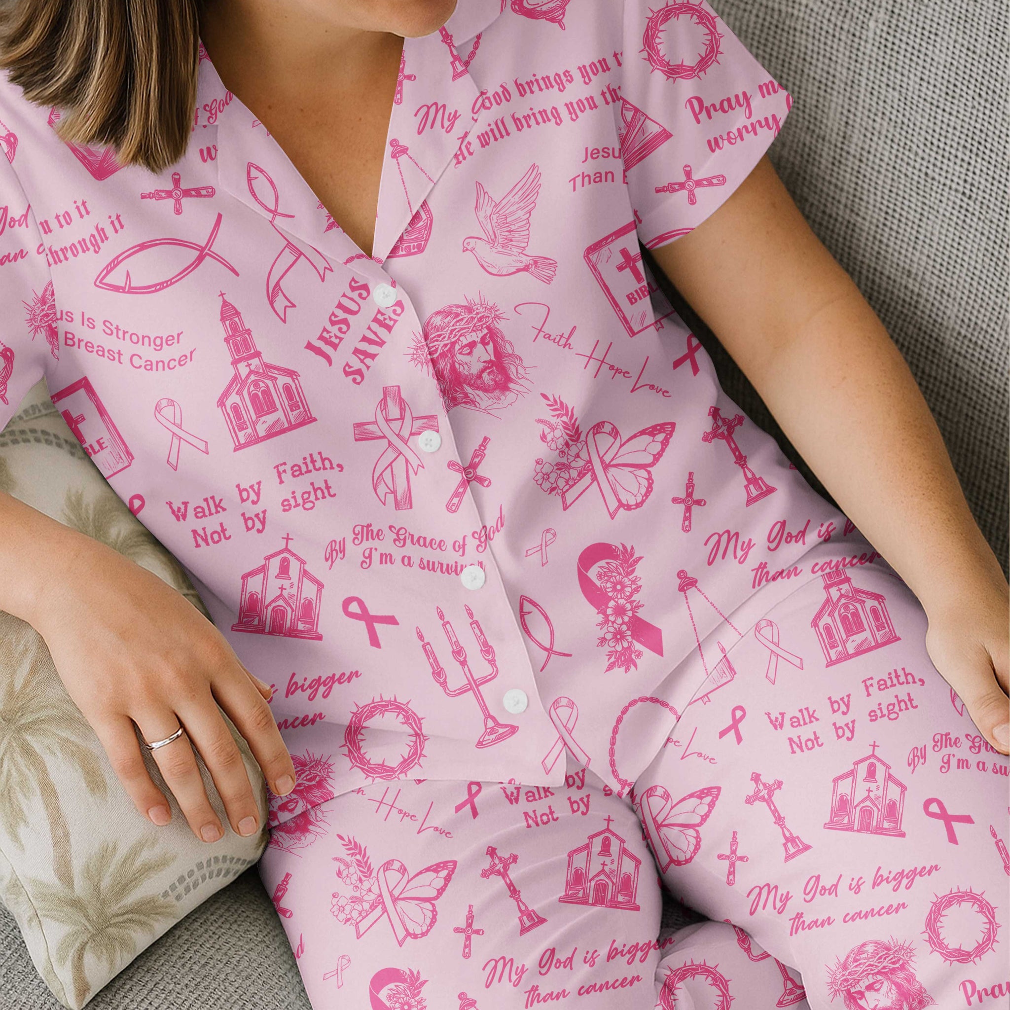My God Is Bigger Than Cancer Button Pajamas