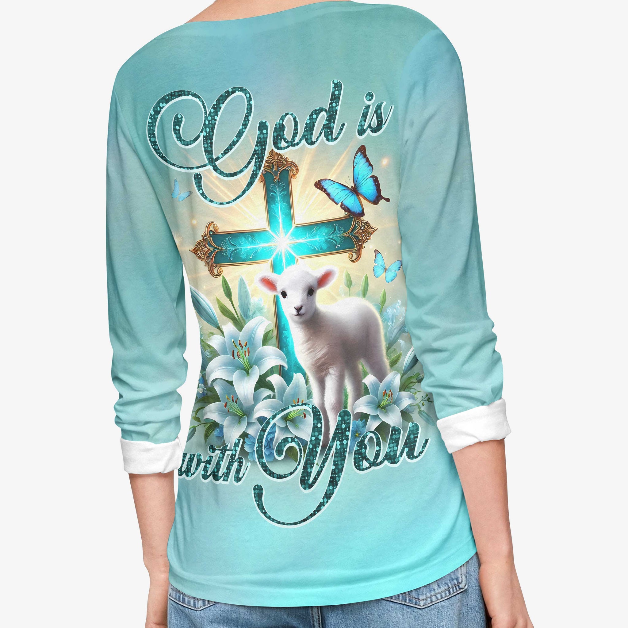 God Is With You All Over Print V-neck Long Sleeves Shirt